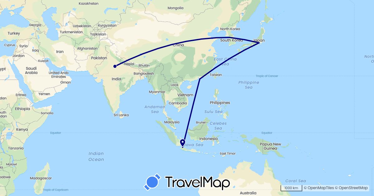 TravelMap itinerary: driving, plane in China, Indonesia, India, Japan, South Korea (Asia)